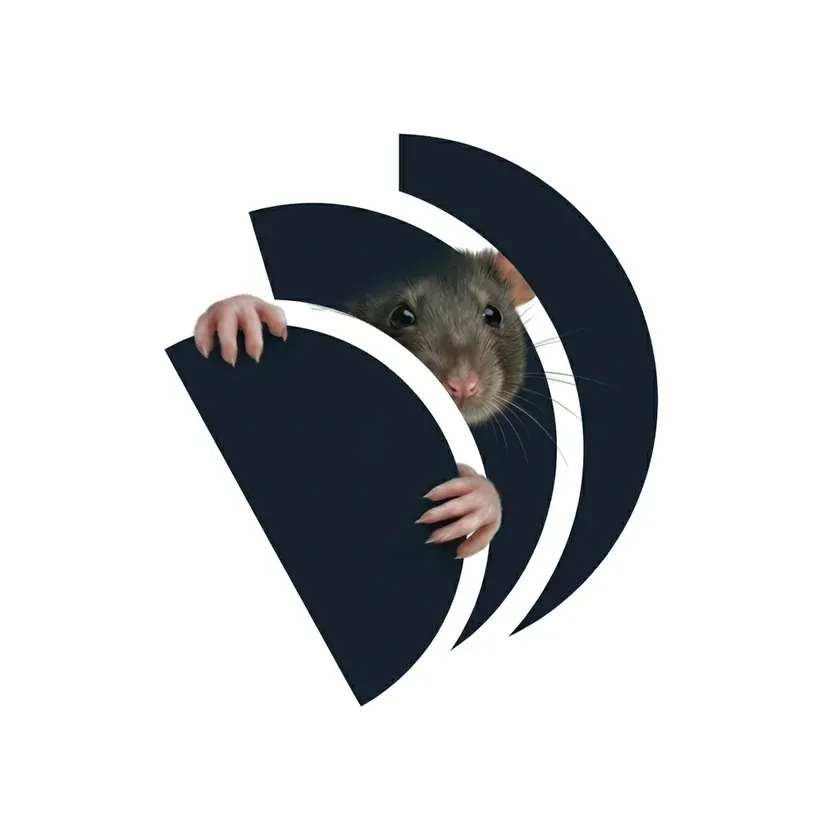 Rata asomándose entre formas del logo de Desinta - Control profesional de plagas