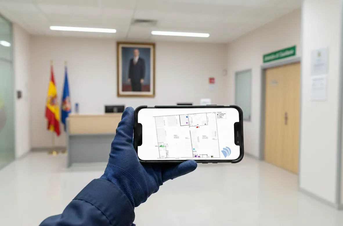 Operario de control de plagas con app de monitoreo en ayuntamiento